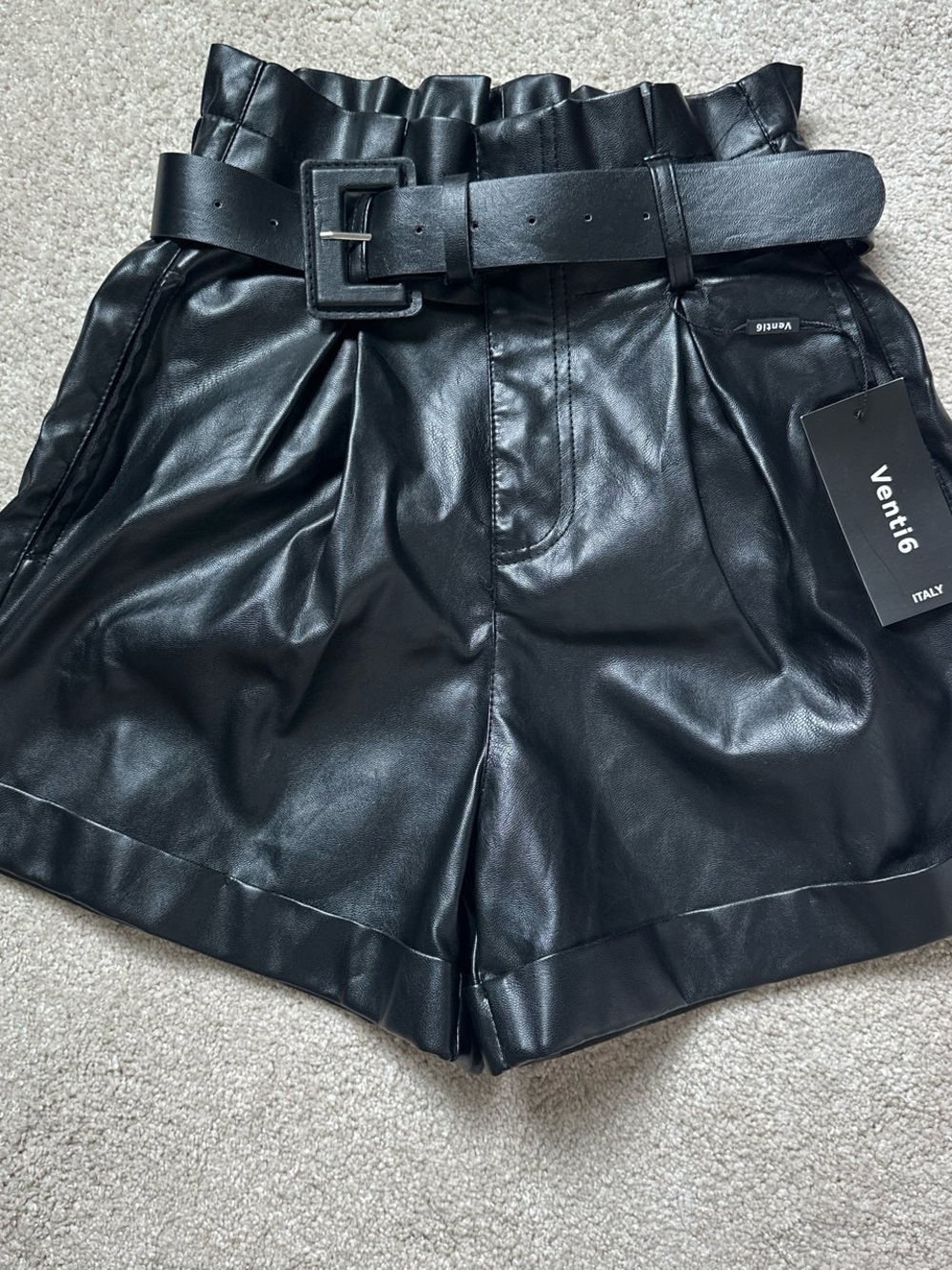 High-Waist Black Faux Leather Paperbag Shorts with Belt